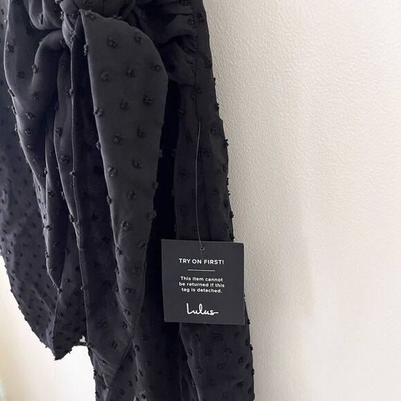 Lulus Black Swiss Dot Mini Wrap Dress - Medium - Picture 5 of 12